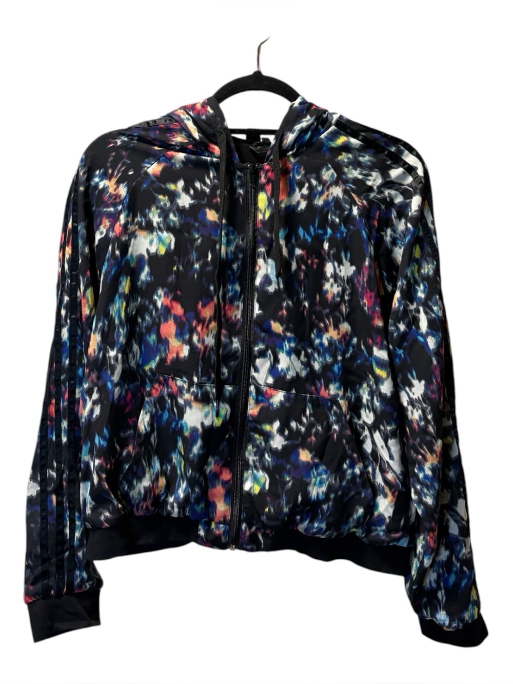Women's Black Multicolor Hooded Zip Jacket